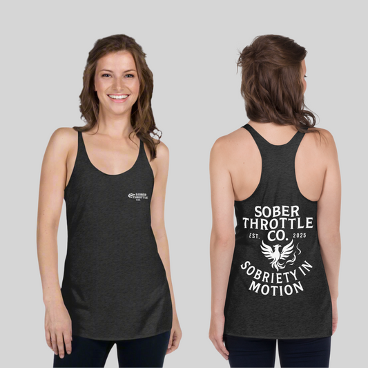 Sobriety in Motion Women’s Racerback Tank – Premium Motorcycle Shirt Victoria BC & Vancouver Island.